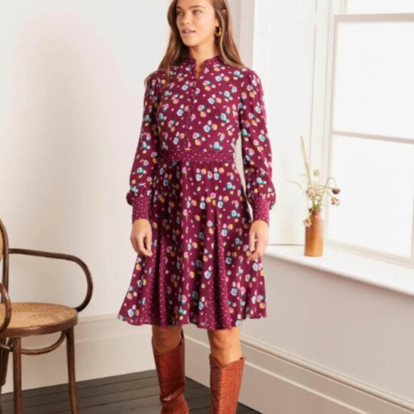 Boden Christina Floral Polka Dot Long Sleeve Button Dress in Ruby Ring 6 - Picture 1 of 12